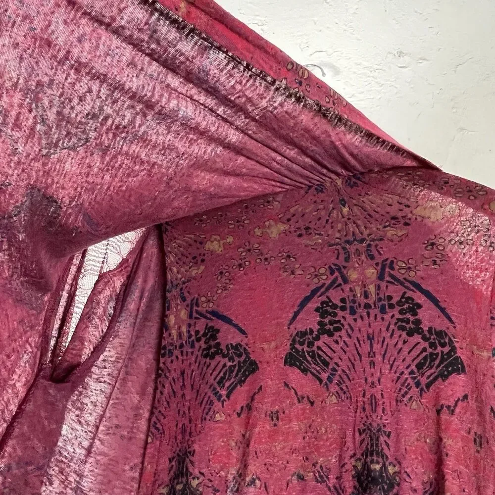 Free People Boho Tunic Top Lace Sleeve Keyhole Back Linen Blend M